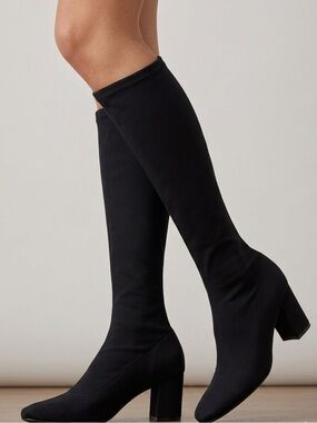 Black Leather Block Heel Square Toe Knee-High Boots Size 6.5 37‎